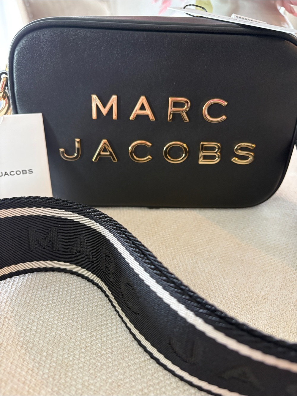 Marc Jacobs Black Leather Crossbody Camera Bag with Gold Logo